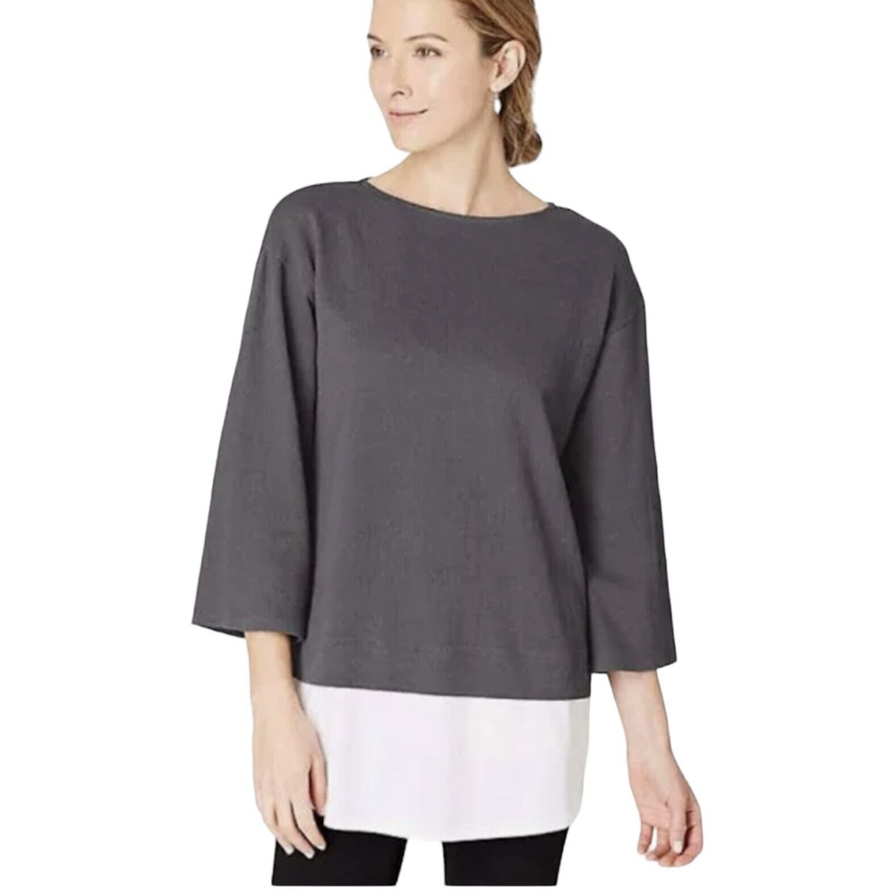 J. Jill Pure Jill Gray Layered Crinkle Linen Blend Top Size Small